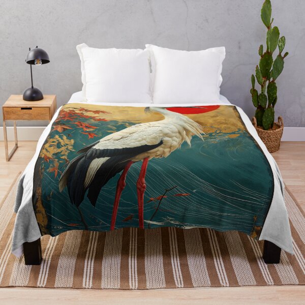 Item preview, Stork art standing in turquoise water with red sun designed and sold by Rockwpapart.