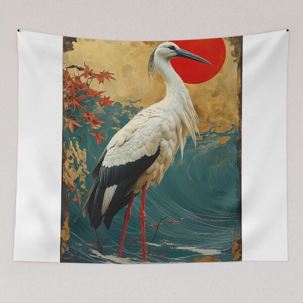 Item preview, Stork art standing in turquoise water with red sun designed and sold by Rockwpapart.
