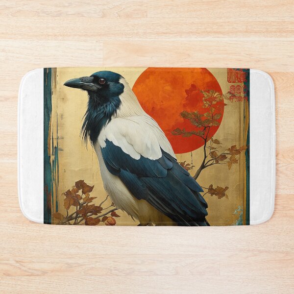 Item preview, White and black Crow painting standing in turquoise water with a red designed and sold by Rockwpapart.