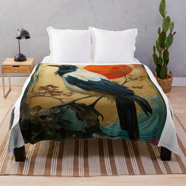 Item preview, White and black Crow painting standing in turquoise water with a red designed and sold by Rockwpapart.