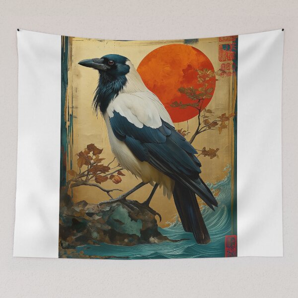 Item preview, White and black Crow painting standing in turquoise water with a red designed and sold by Rockwpapart.