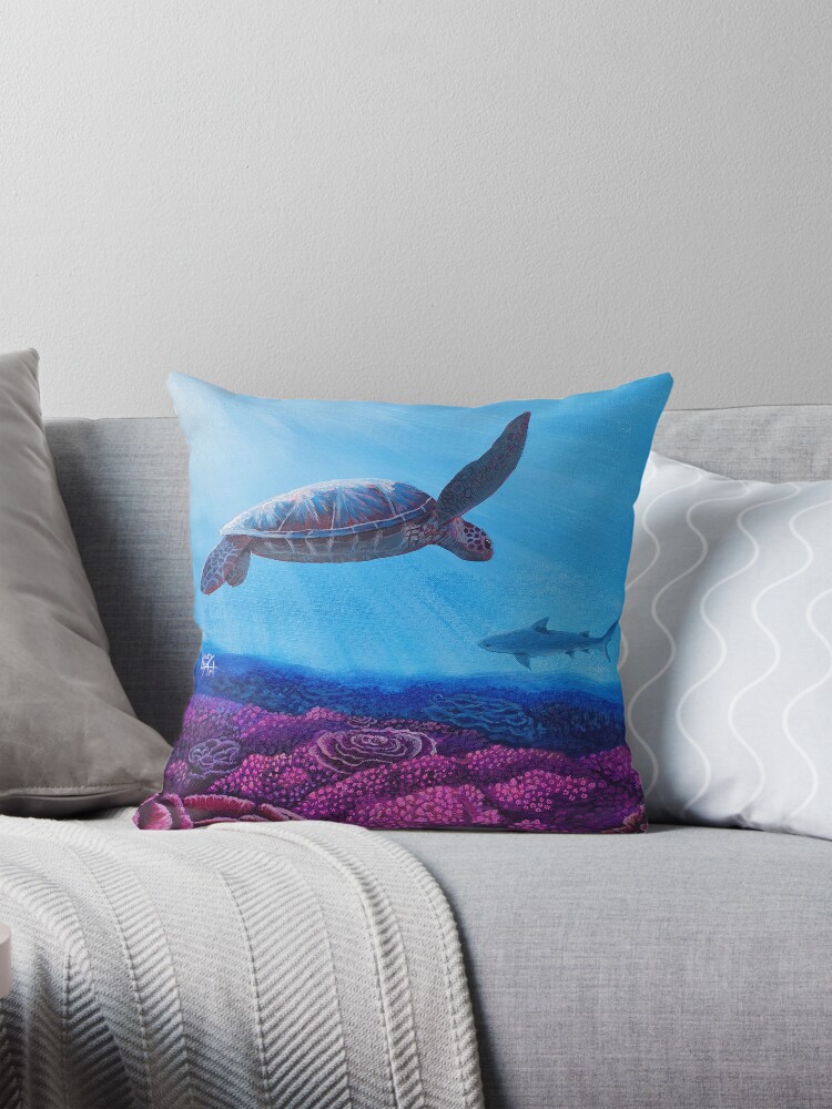 Thumbnail 1 of 4, Pillow, Sea Turtle Coral Reef Shark designed and sold by lucyluart.