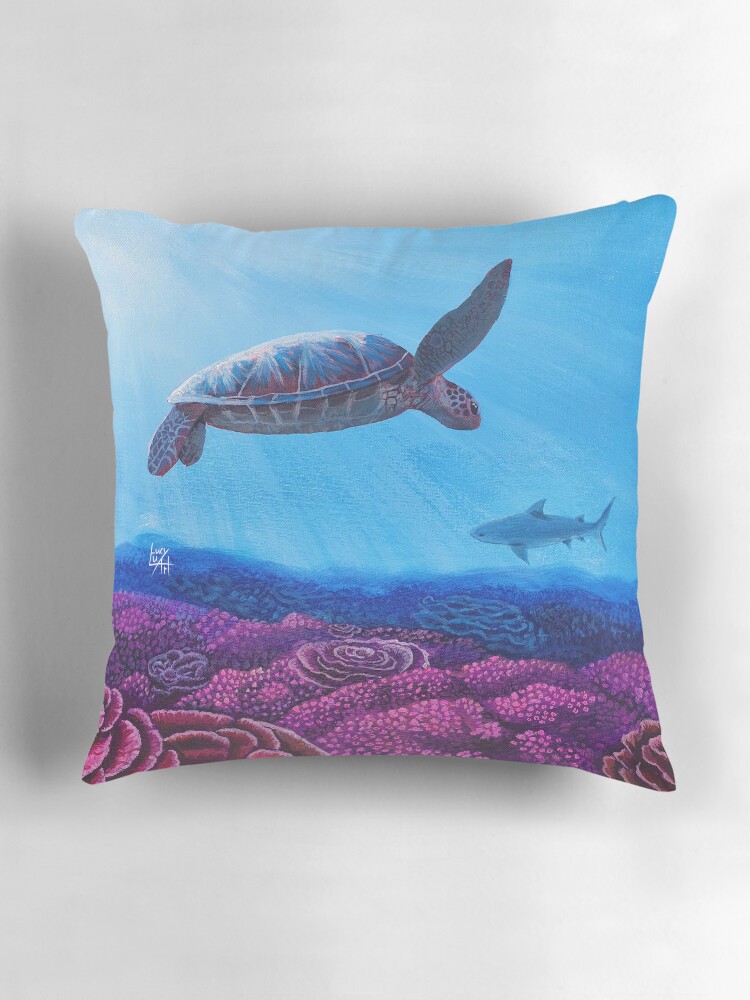 Thumbnail 3 of 4, Pillow, Sea Turtle Coral Reef Shark designed and sold by lucyluart.