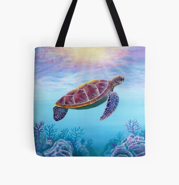 Colourful Sea Turtle Coral Reef Painting All Over Print Tote Bag