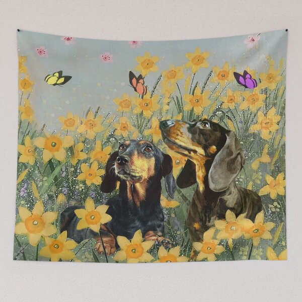Item preview, Dachshund Couple In The Yelow Flower Garden designed and sold by Clitus.
