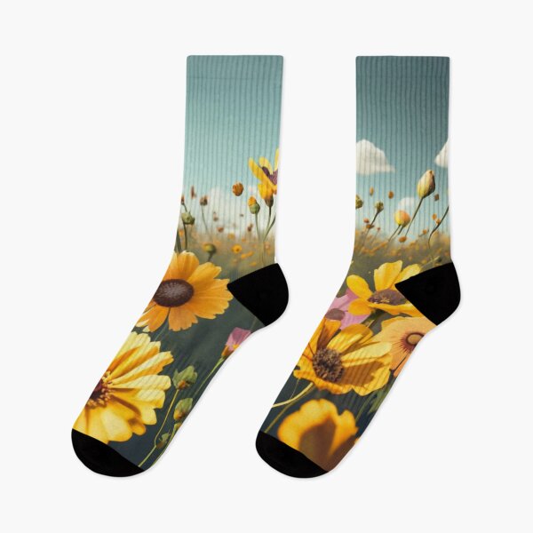 Artikelvorschau, Gelbes, rosa und weißes Retro-Wildblumen-Poster und bewölkter Himmel - Wandkunst entworfen und verkauft von thespecialtyhub.