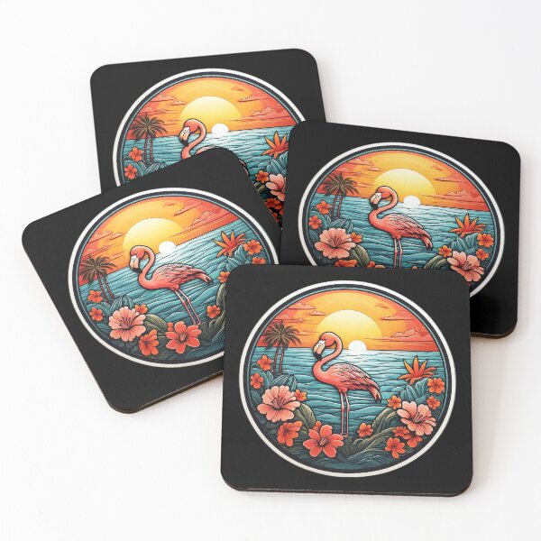 Artikelvorschau, Rosa Flamingo bei Sonnenuntergang an einem hawaiianischen Strand mit Orchideen entworfen und verkauft von NautiChic.