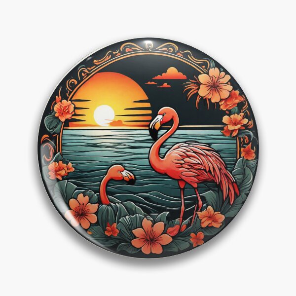 Item preview, Cute Flamingo Pair at Sunset with Hawaiian Flowers designed and sold by NautiChic.
