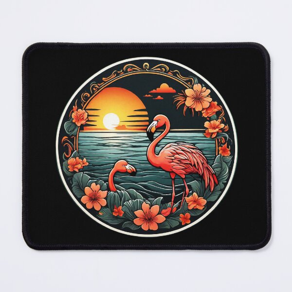 Item preview, Cute Flamingo Pair at Sunset with Hawaiian Flowers designed and sold by NautiChic.