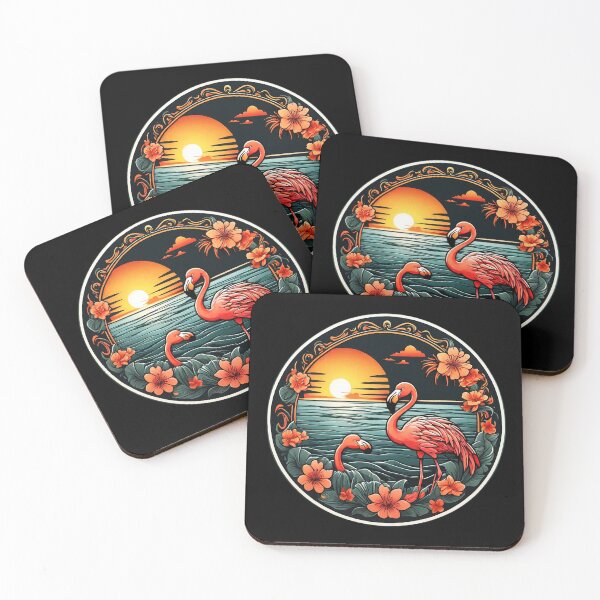 Item preview, Cute Flamingo Pair at Sunset with Hawaiian Flowers designed and sold by NautiChic.