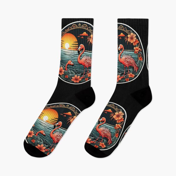 Item preview, Cute Flamingo Pair at Sunset with Hawaiian Flowers designed and sold by NautiChic.