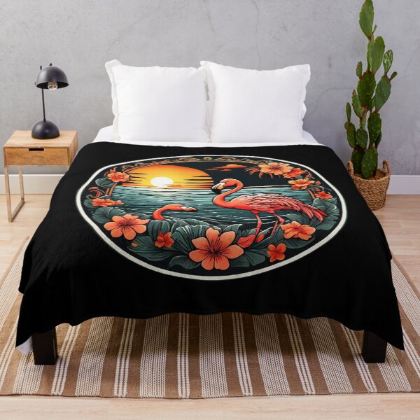 Item preview, Cute Flamingo Pair at Sunset with Hawaiian Flowers designed and sold by NautiChic.