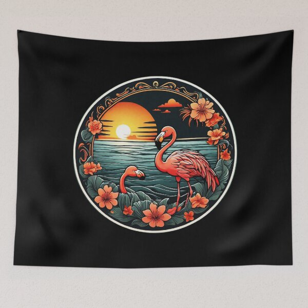 Item preview, Cute Flamingo Pair at Sunset with Hawaiian Flowers designed and sold by NautiChic.
