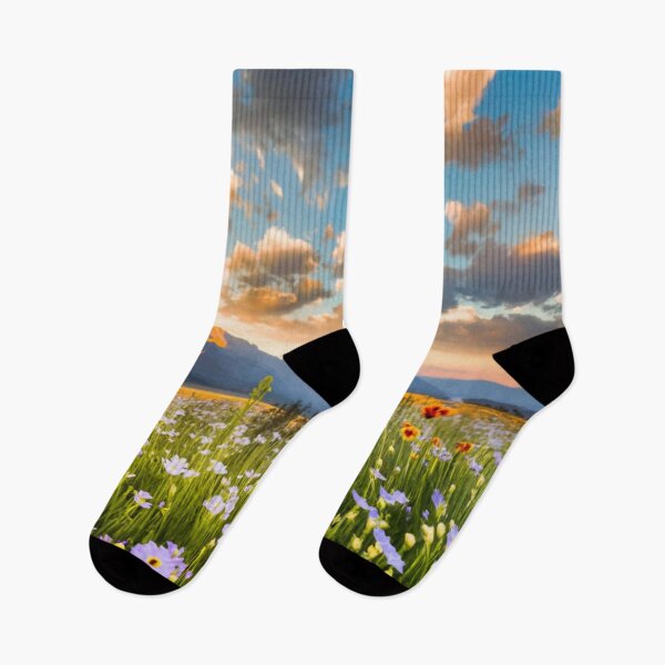 Item preview, Retro Colored Mountain Landscape With Different Wildflowers And Mountains In The Background And Sunshine - Wall Art designed and sold by thespecialtyhub.