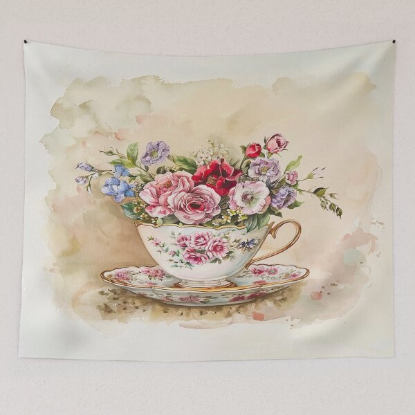 Item preview, Vintage tea cup, pastel green background with beautiful flowers. designed and sold by Chomchol.