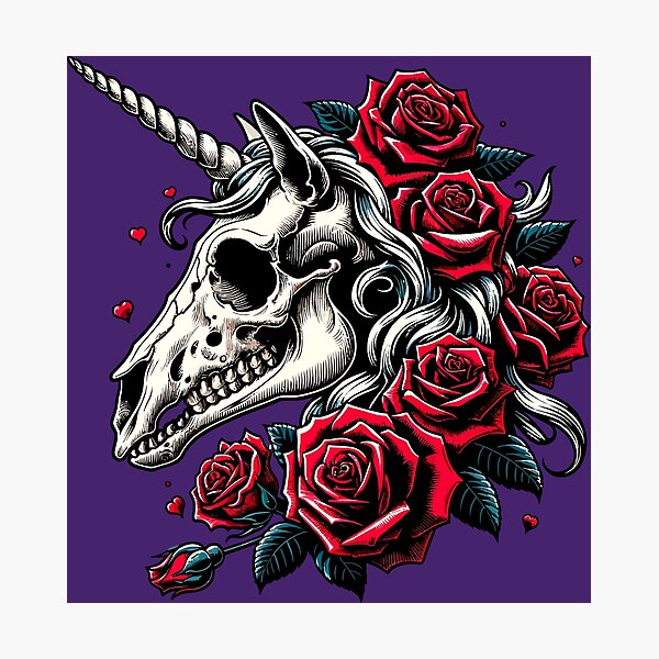 Aperçu de l'œuvre Crâne de licorne avec roses rouges créée et vendue par ArtBoyss.