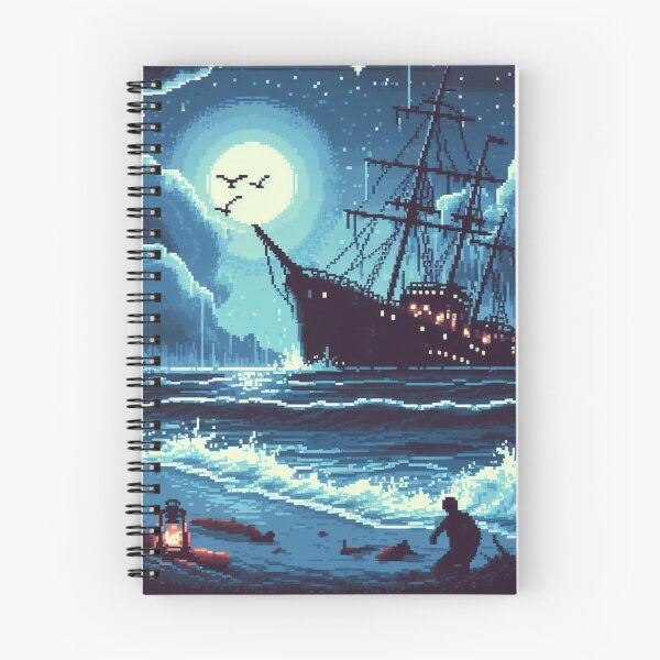 Aperçu de l'œuvre Épave de bateau Pixel Art avec pirate sur la plage la nuit créée et vendue par BeardedTree.
