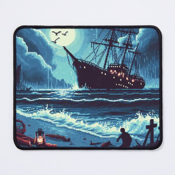 Item preview, Pixel Art Ship Wreck with Pirate on Beach at Night designed and sold by BeardedTree.
