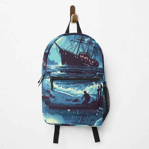 Item preview, Pixel Art Ship Wreck with Pirate on Beach at Night designed and sold by BeardedTree.