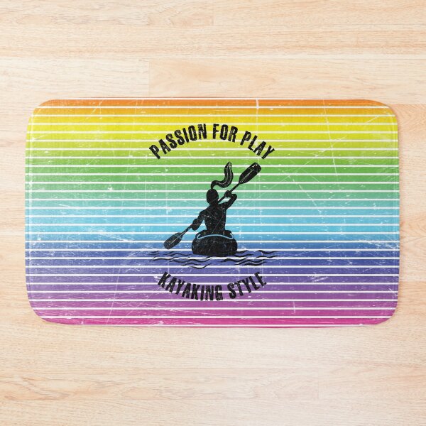 Item preview, Black silhouette of a female kayaker against the background of rainbow stripes designed and sold by HarridanCreates.