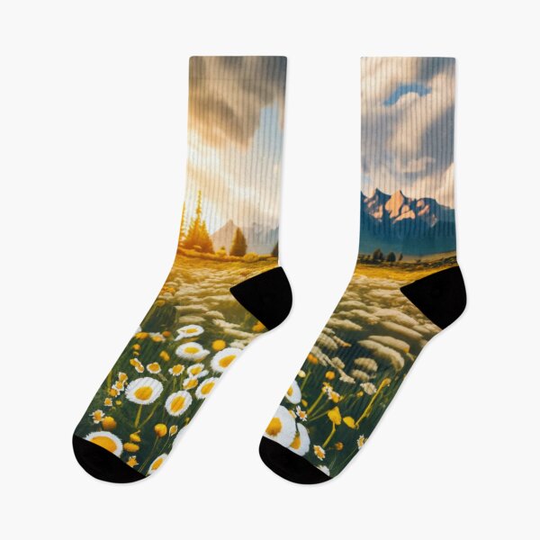 Artikelvorschau, Retro-farbige Berglandschaft mit verschiedenen Wildblumen und Bergen mit Morgensonnenstrahlen - Wandkunst entworfen und verkauft von thespecialtyhub.