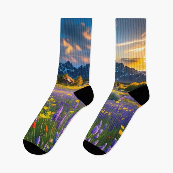 Item preview, Retro Colored Mountain Landscape With Different Wildflowers And Mountains With Dark Clouds And Sunrays - Wall Art designed and sold by thespecialtyhub.