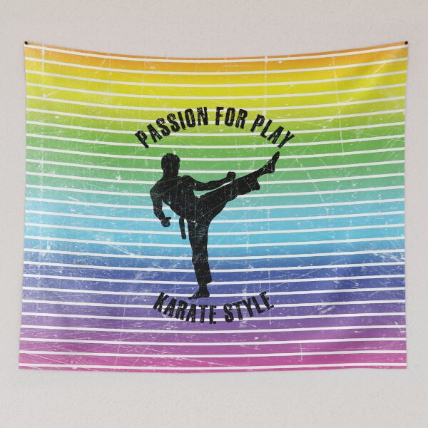 Item preview, Black silhouette of a man practicing karate against the background of rainbow stripes designed and sold by HarridanCreates.