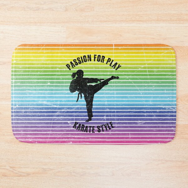 Item preview, Black silhouette of a woman practicing karate against the background of rainbow stripes designed and sold by HarridanCreates.