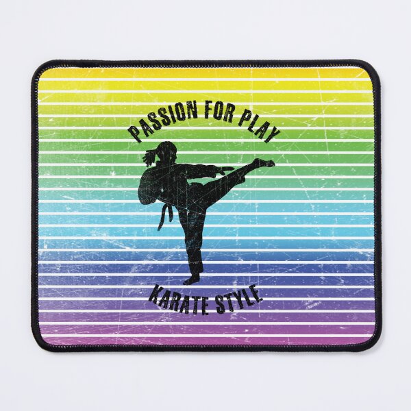 Item preview, Black silhouette of a woman practicing karate against the background of rainbow stripes designed and sold by HarridanCreates.