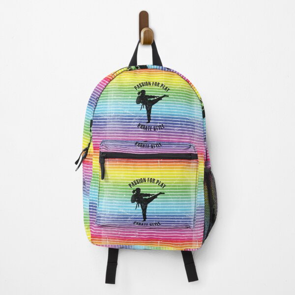 Item preview, Black silhouette of a woman practicing karate against the background of rainbow stripes designed and sold by HarridanCreates.