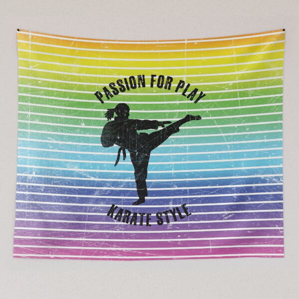 Item preview, Black silhouette of a woman practicing karate against the background of rainbow stripes designed and sold by HarridanCreates.