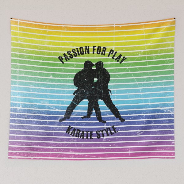 Item preview, Black silhouettes of men practicing karate against the background of rainbow stripes designed and sold by HarridanCreates.