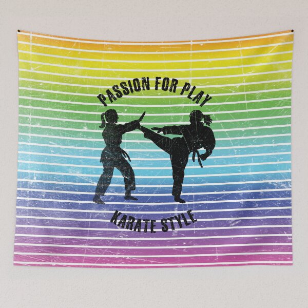 Item preview, Black silhouettes of women practicing karate against the background of rainbow stripes designed and sold by HarridanCreates.