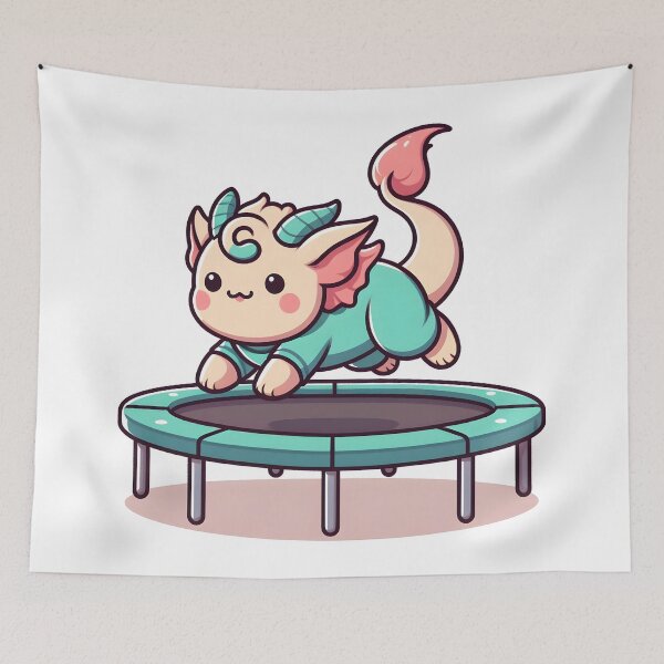 Item preview, Kawaii Delightful Chimera With Jumpsuit Bouncing On A Trampoline designed and sold by CanvasCutie.