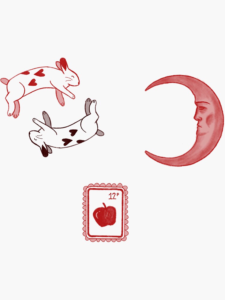 Thumbnail 3 von 3, Sticker, Kaninchen-, Mond- und Apfelstempel-Vintage-Aufkleberpaket designt und verkauft von kuromillie.