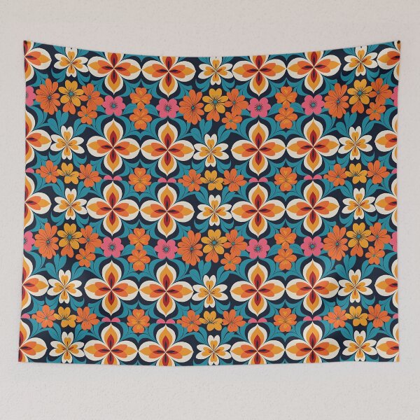 Item preview, Cottage Core  Mid Century Modern Flower Pattern Orange, Cyan  #1 designed and sold by Prints and Lifestyle.