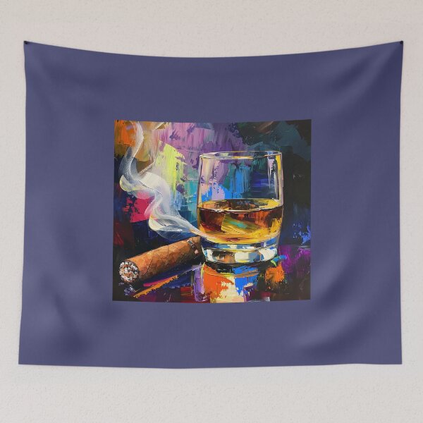 Artikelvorschau, Impressionistischer Rausch – Whiskyglas, brennende Zigarre und Rauch in kubistischer Pracht enthüllt entworfen und verkauft von OlfactoART Studio.