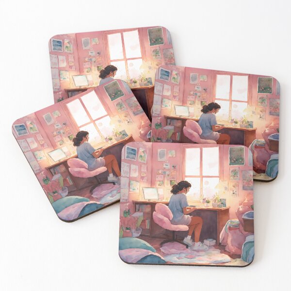 Item preview, Watercolor of a girl in a pink room lofi vibes  designed and sold by soulfulpalette.