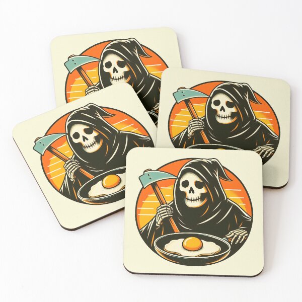 Item preview, happy grim reaper cooking eggs, grim reaper chef vintage sunrise designed and sold by NomadiCult.