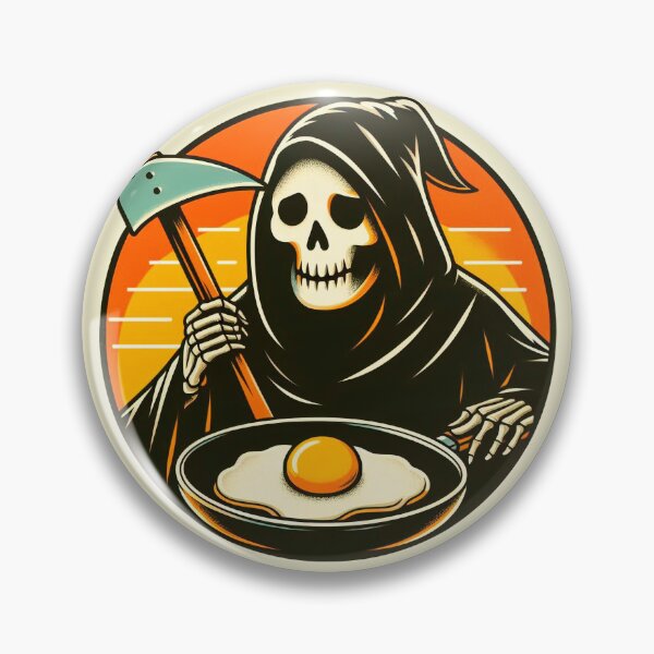 Item preview, happy grim reaper cooking eggs, grim reaper chef vintage sunrise designed and sold by NomadiCult.