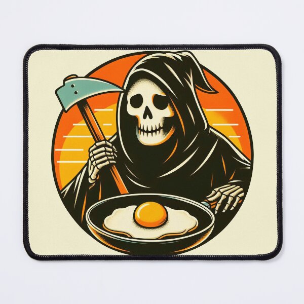 Item preview, happy grim reaper cooking eggs, grim reaper chef vintage sunrise designed and sold by NomadiCult.