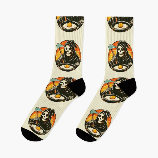 Item preview, happy grim reaper cooking eggs, grim reaper chef vintage sunrise designed and sold by NomadiCult.