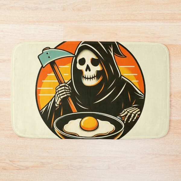 Item preview, happy grim reaper cooking eggs, grim reaper chef vintage sunrise designed and sold by NomadiCult.