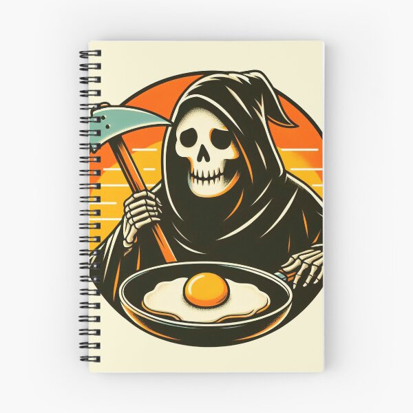 Item preview, happy grim reaper cooking eggs, grim reaper chef vintage sunrise designed and sold by NomadiCult.