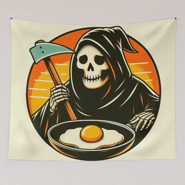 Item preview, happy grim reaper cooking eggs, grim reaper chef vintage sunrise designed and sold by NomadiCult.