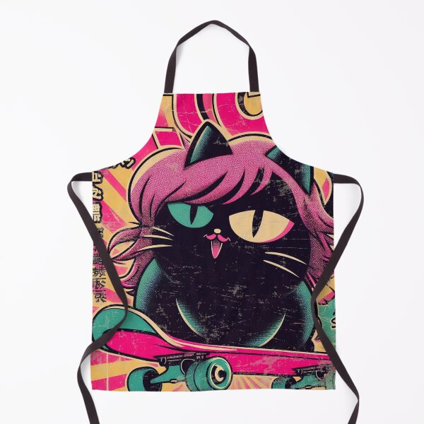 Item preview, Colorful Japanese Retro Vintage Poster of Black Cat Skateboarding with Pink Hair designed and sold by IAPICTURE.