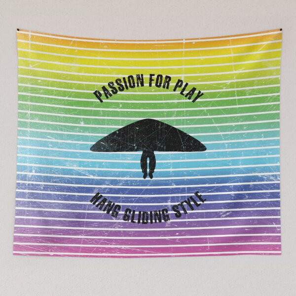 Item preview, Black silhouette of an athlete flying a hang glider against the background of rainbow stripes designed and sold by HarridanCreates.