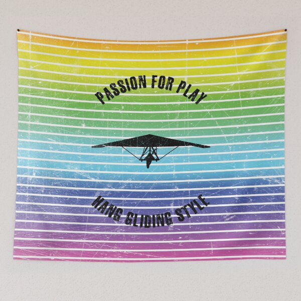 Item preview, Black silhouette of woman flying a hang glider against the background of rainbow stripes designed and sold by HarridanCreates.