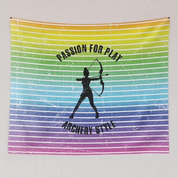 Item preview, Black silhouette of female archer against the background of rainbow stripes designed and sold by HarridanCreates.