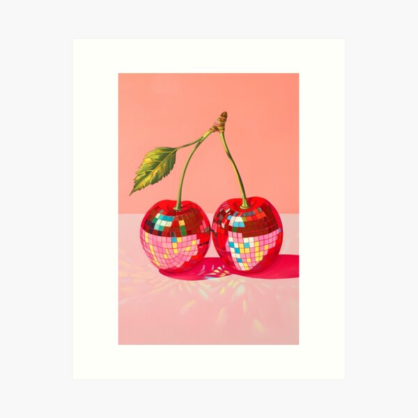 Vista previa del artículo con la obra «Disco Cherry - Bola De Discoteca, Baile, Cerezas, Retro», diseñado y vendido por TheLoveShop.